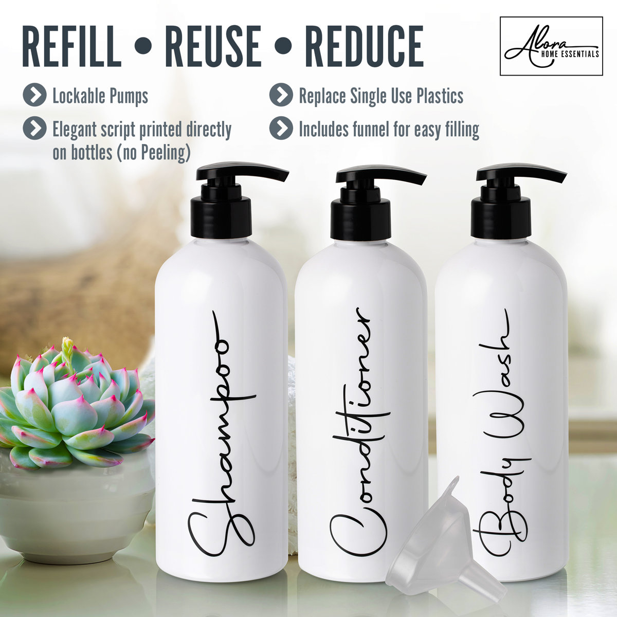 Modern Refillable Shampoo and Conditioner Bottles | 16 Fl oz. | Set of 3